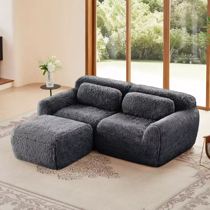 Canapé sans os en tissu peluche kaki clair de 203 cm avec coussins de jet et pouf en éponge haute densité 32D pour salons
