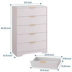 Commode Blanche pour Chambre, Grande Commode Moderne de 80 cm avec 5 Tiroirs à Coulissement Doux et Poignées en Métal Doré, pour Placard, Entrée, Couloir