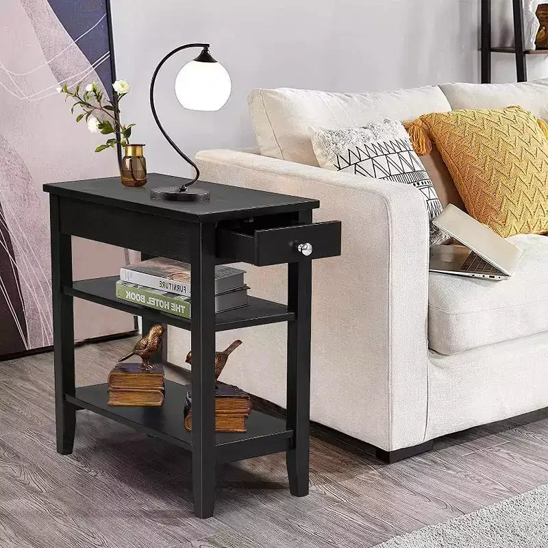 Lot de 2 tables d'appoint à 3 niveaux – Table de chevet avec étagère et tiroir