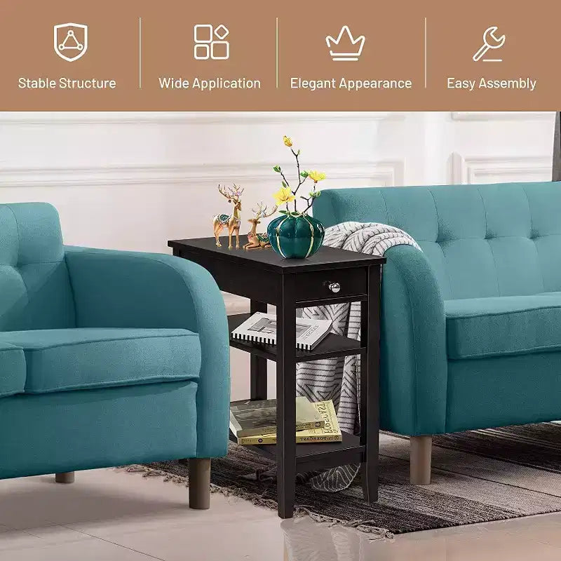Lot de 2 tables d'appoint à 3 niveaux – Table de chevet avec étagère et tiroir