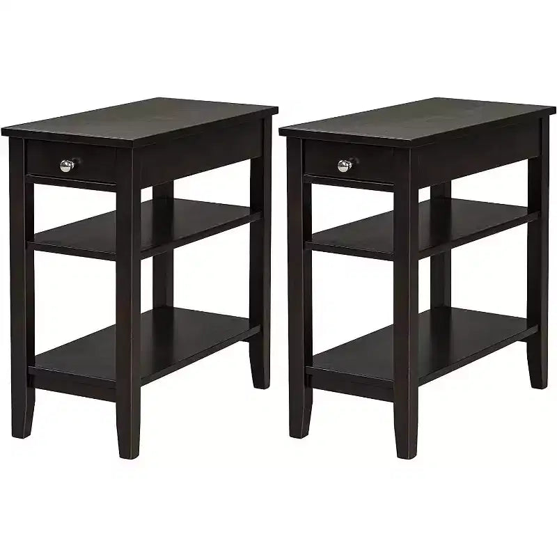 Lot de 2 tables d'appoint à 3 niveaux – Table de chevet avec étagère et tiroir