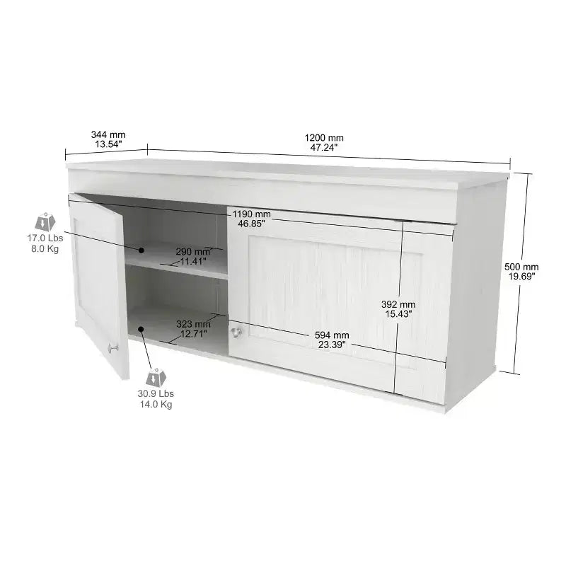 Buffet mural 2 portes – Style transitionnel, étagères réglables, blanc