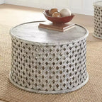 Table de cocktail ronde – Blanc chiné, cadre en bois, plateau de service, aucun assemblage requis