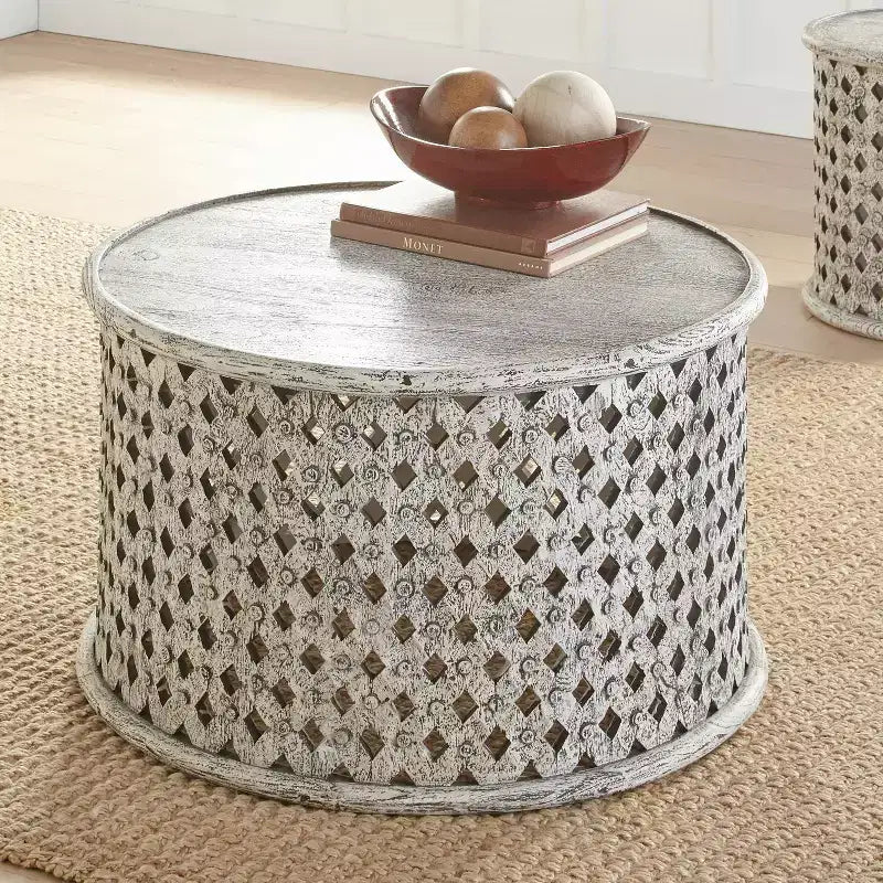 Table de cocktail ronde – Blanc chiné, cadre en bois, plateau de service, aucun assemblage requis