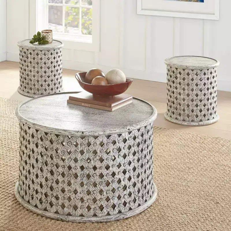 Table de cocktail ronde – Blanc chiné, cadre en bois, plateau de service, aucun assemblage requis