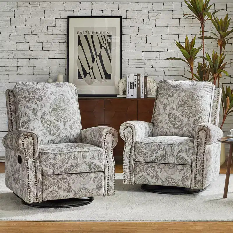 Ensemble de 2 fauteuils inclinables pivotants manuels avec bordure cloutée – Salon
