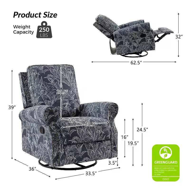 Ensemble de 2 fauteuils inclinables pivotants manuels avec bordure cloutée – Salon