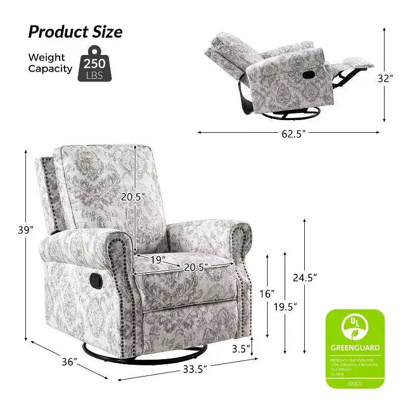 Ensemble de 2 fauteuils inclinables pivotants manuels avec bordure cloutée – Salon